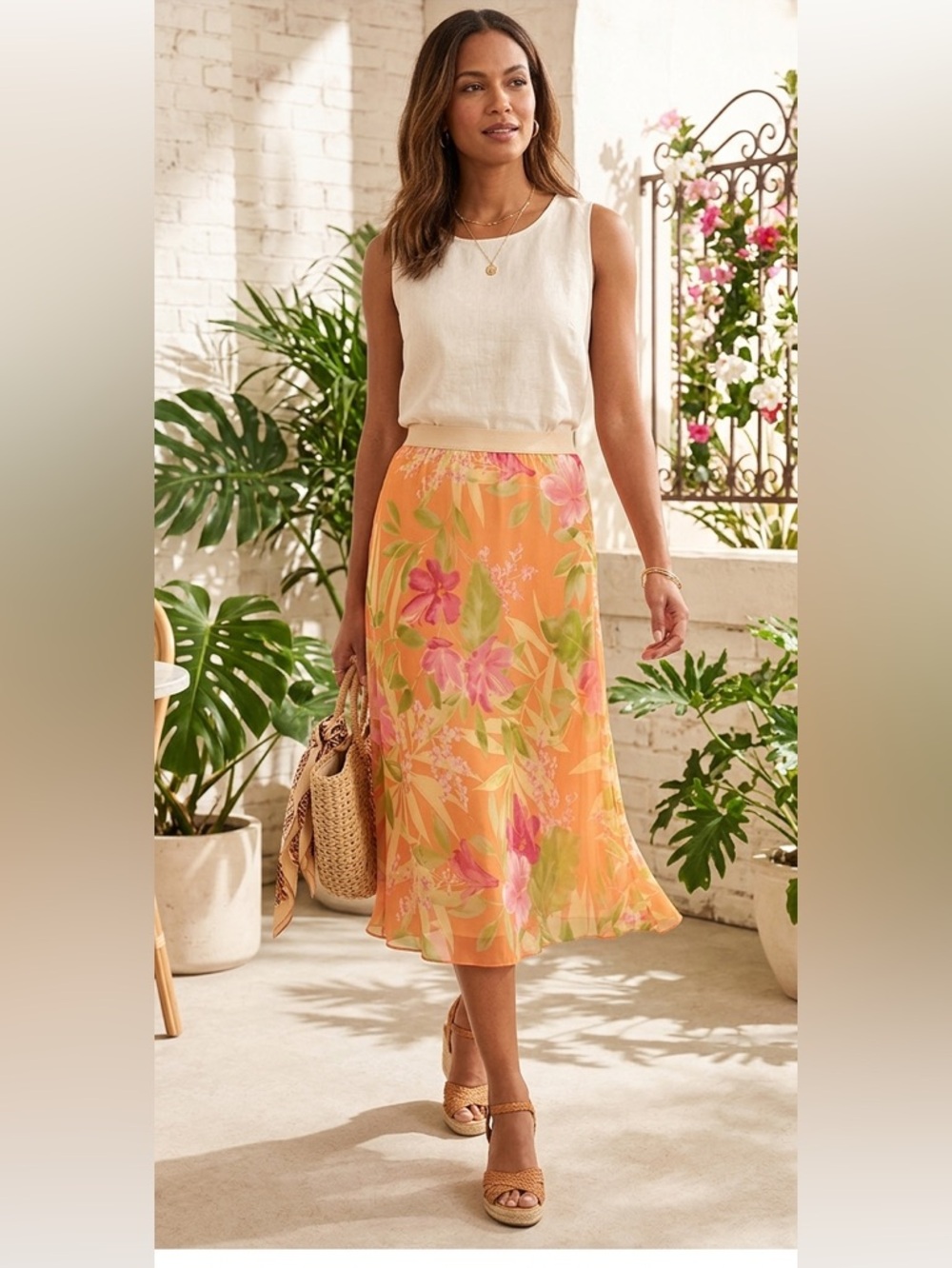 Gorgeous tulip floral flowy lightweight skirt 8 Elastic Waist Midi spring event